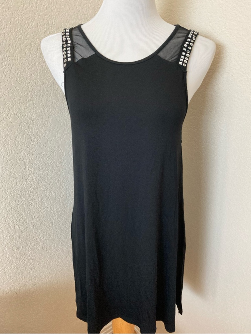 Black Mini Dress Sleeveless Embellished  Dress Mesh back Cable & Gauge Dress